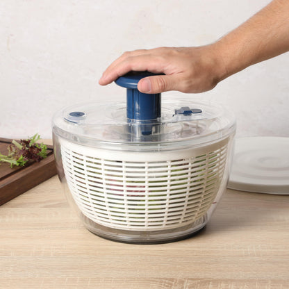 Sur La Table Kitchen Essential 6.3 Qt Salad Spinner, Fruit Wahser, Fruit Washing Bowl with Strainer, Vegertable Cleaner, Salad Cleaner, Lettuce Washer - Navy Blue