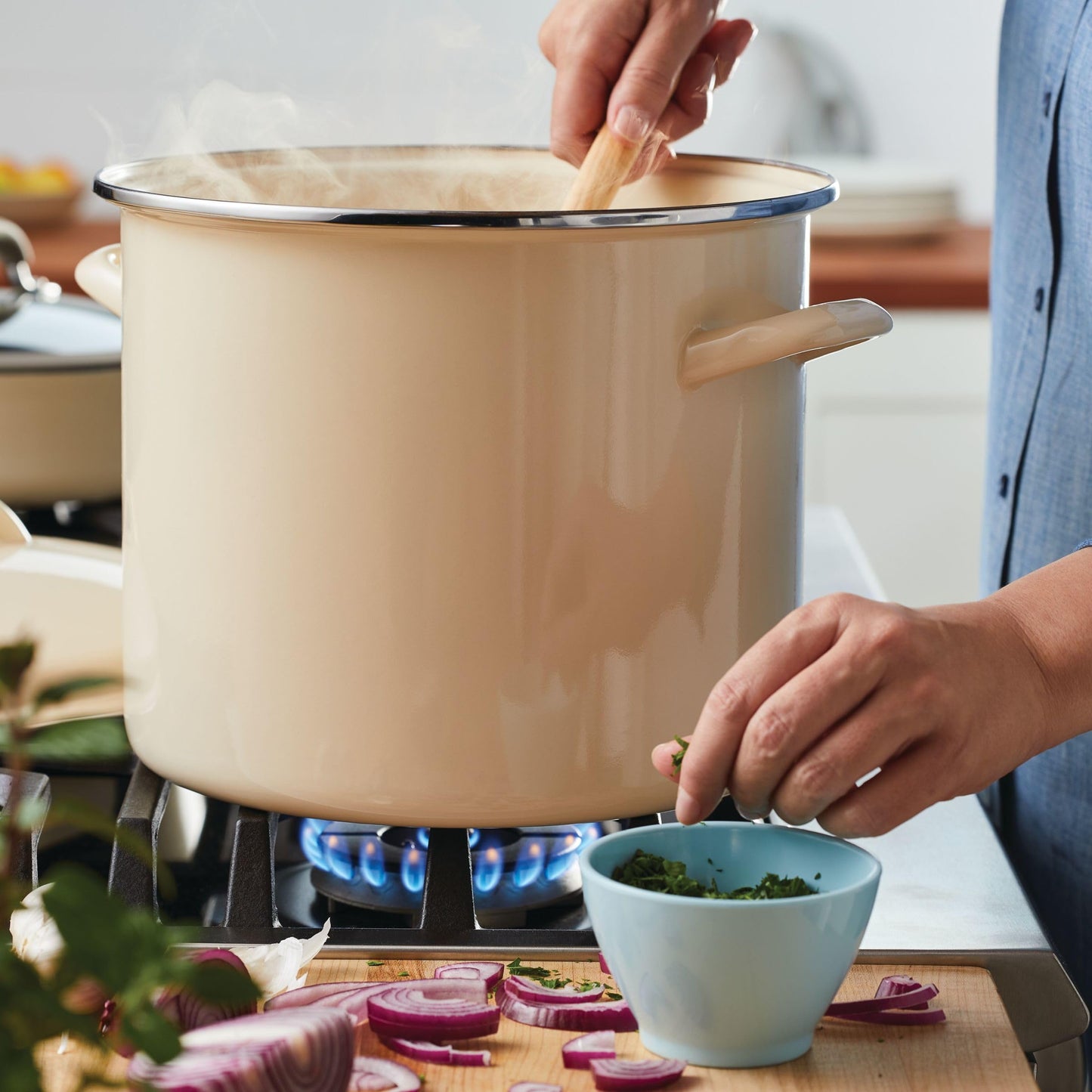 Rachael Ray Enamel on Steel Stockpot with Lid, Induction Suitable, 12 Quart, Almond Cream