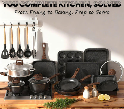 Pots and Pans Set Non Stick, 31 Piece Kitchen Induction Cookware & Bakeware Set, Nonstick Kitchen Cooking Pans Set with Frying Pans Set Grill Pan Saucepan Baking Sheet & Utensils, PFOA Free