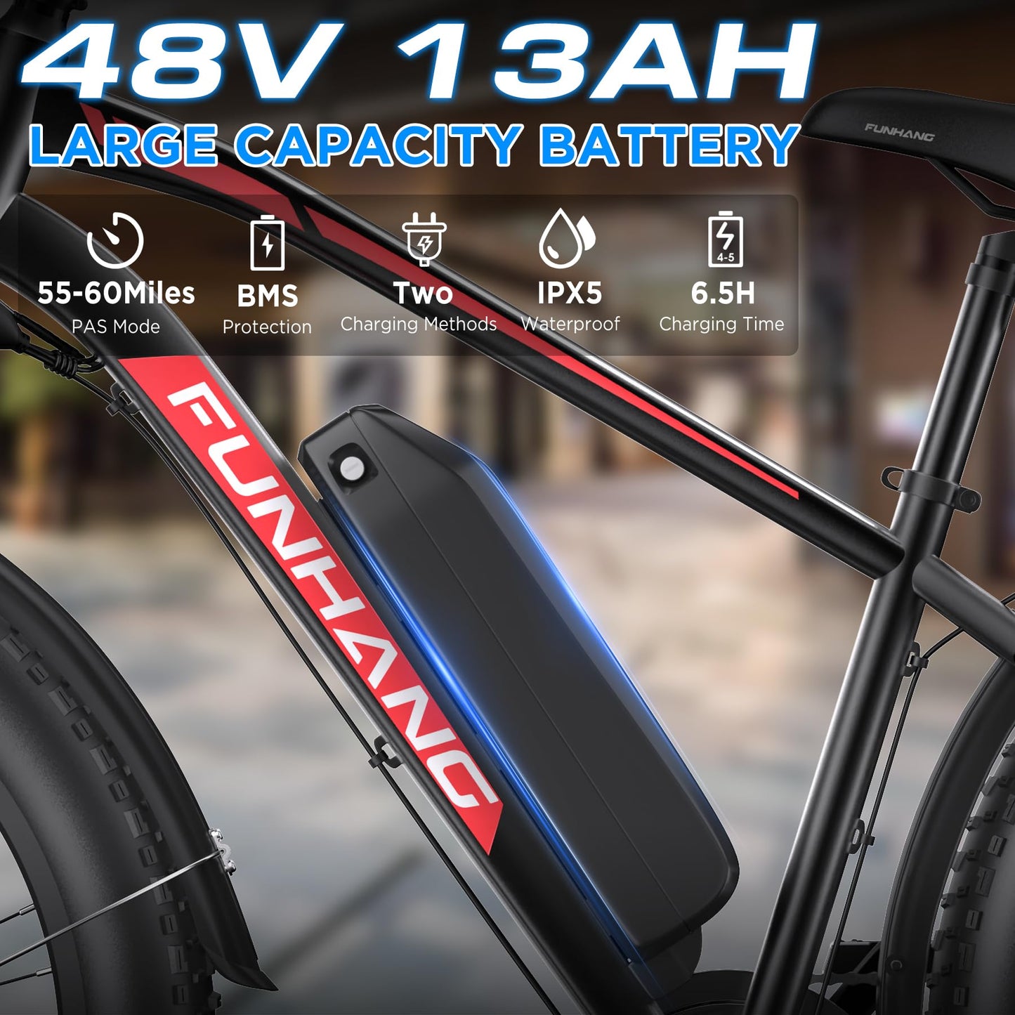 Funhang Electric Bike for Adults, 1000W Peak Ebike, 20MPH 60Miles Electric Mountain Bike, 26" Fat Tire Electric Bicycle with 48V 13AH Battery, Front Suspension,7 Speed, Rear Rack, UL 2849 Certified