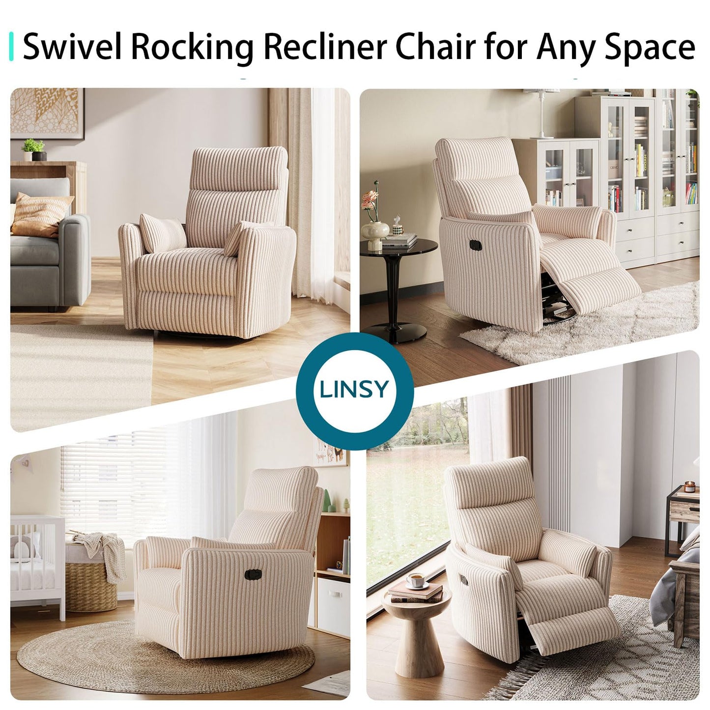 LINSY 360 Swivel Recliner Chair, Nursery Glider Rocking Chair with 2 Pillows, Corduroy Nursing Chair Comfy High Back Adult Rocker Recliner for Small Spaces, Nursery Bedroom Living Room (Beige)