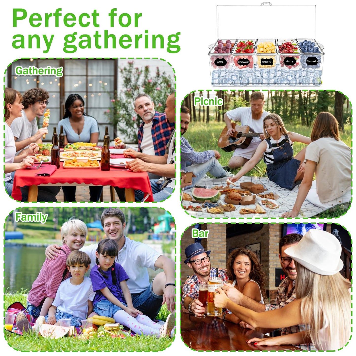 Hlimior 36 pcs Ice Chilled Condiment Server Caddy Bar Fruit Caddy with Lid, 5 Removable Compartments Plastic Storage Food Container Clear Ice Condiment Serving Tray for Party, Toppings Bar Container