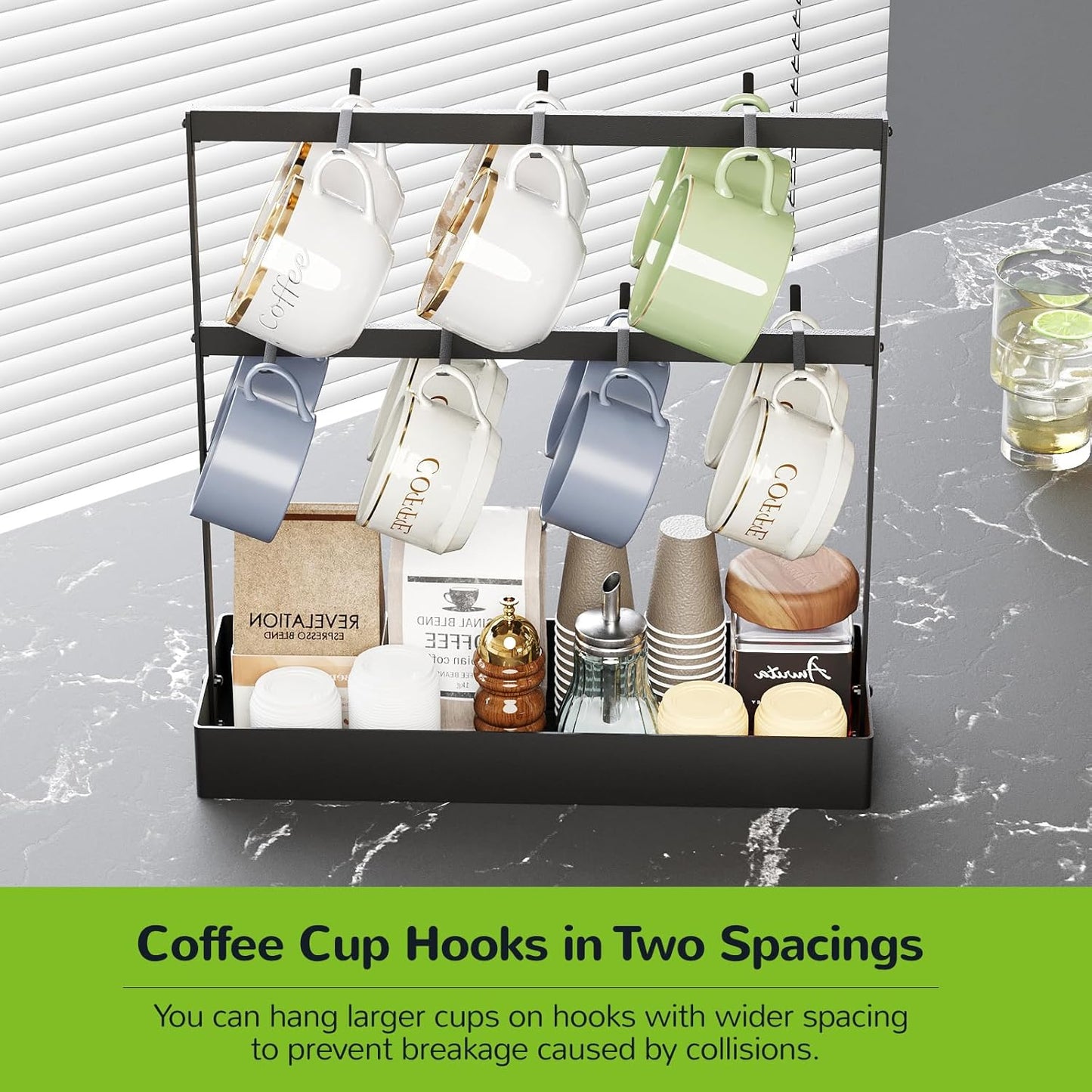 Coffee Mug Holder with Hooks, 14 Capacity 2 Tier Mug Tree Holder Rack for Countertop, Storage Base for Coffee Pods