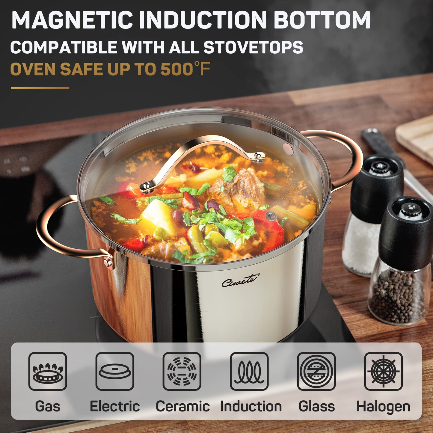 Ciwete 8 Quart Stock Pot, 3 Ply Whole Clad Stainless Steel Stock Pot, 8 QT Cooking Pot with Lid, Induction Pot for Cooking, 18/10 Stainless Steel Cookware Stockpots Oven, Gas and Dishwasher Safe