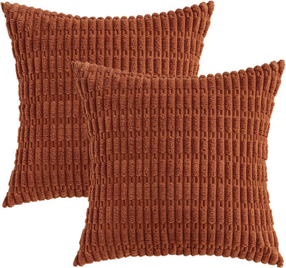 MIULEE Decorative Pillow Covers - Soft Dark Rust Corduroy | Pack of 2, 20x20 Inch, Boho Striped Design for Modern Farmhouse Decor