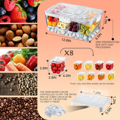 FZBJS Chilled Snackle Box Container with Ice Tray - 8 Compartment Serving Tray with Lid & Handle, Leak-Proof & Odor-Free Snack Box, Portable Cold Food Platter for Picnic, Party, Travel, Road Trip