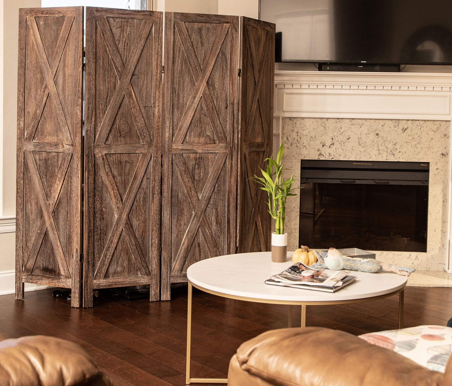 Premium Home 6-Panel Room Divider – Rustic Brown Barn Door, X Pattern Folding Privacy Screen, Partition Wall