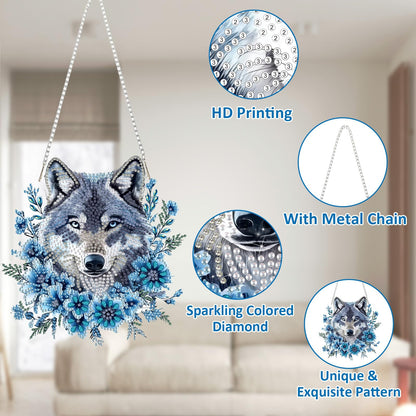 SENQAO Wolf Diamond Art Hanging Kit for Adult, Special Shaped Rhinestone, DIY Acrylic 5D Diamond Art Painting Window Pendants Home Garden Wall Hanging Kits Hanging Ornament