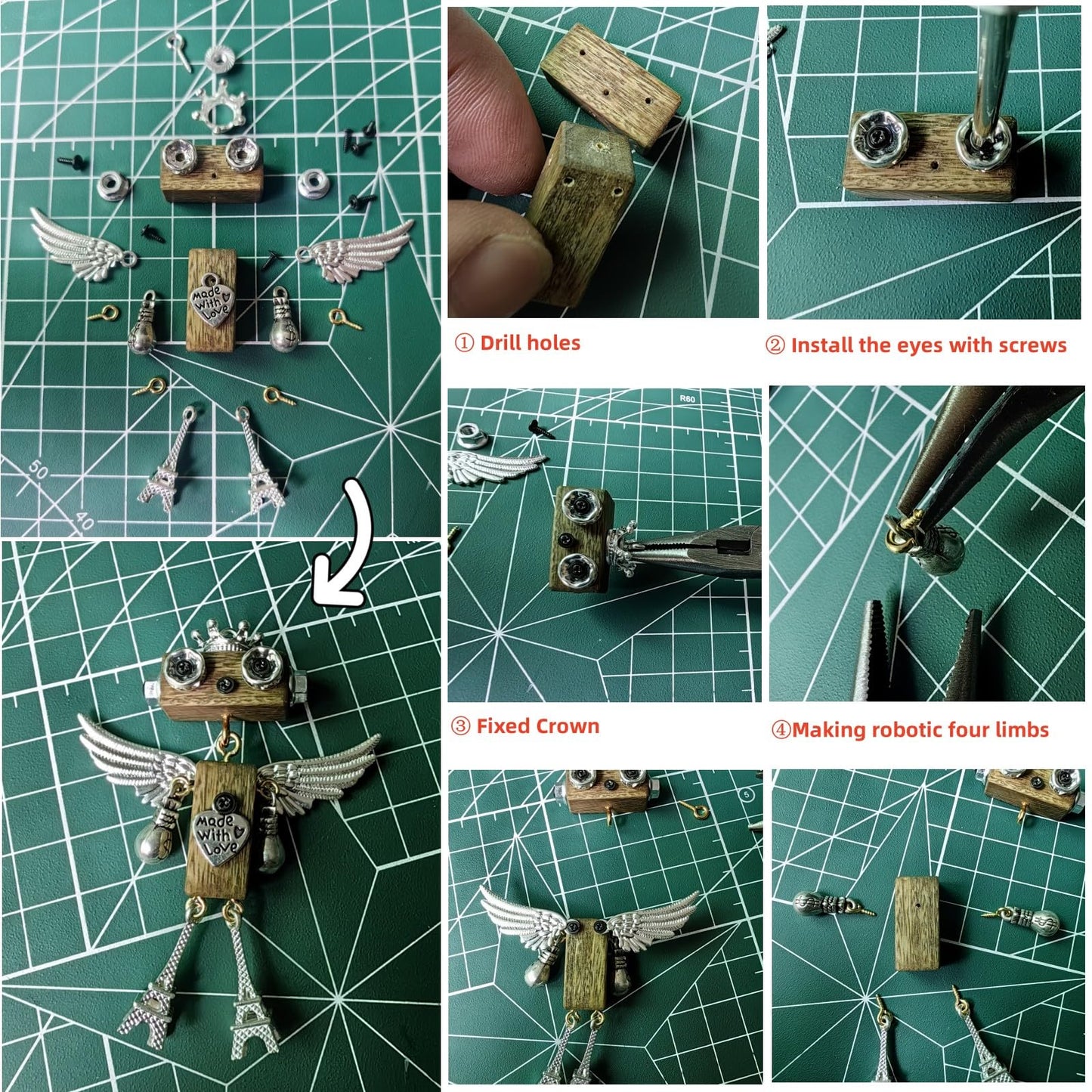 DEUXPER Unique Cross Necklace DIY Set - Wooden Steampunk Robot Charms Pendants, Keychain Decor, Cute Bag Chain, Gold Silver Jewelry Gifts Craft Project for Women Men