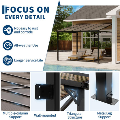 Garvee 10x10 ft Outdoor Lean to Gazebo, Wall Mounted Patio Hardtop Gazebo Pergola with Polycarbonate Roof, Upgraded Steel Frame Hardtop Pavilion for Patio, Garden, Lawn, Deck