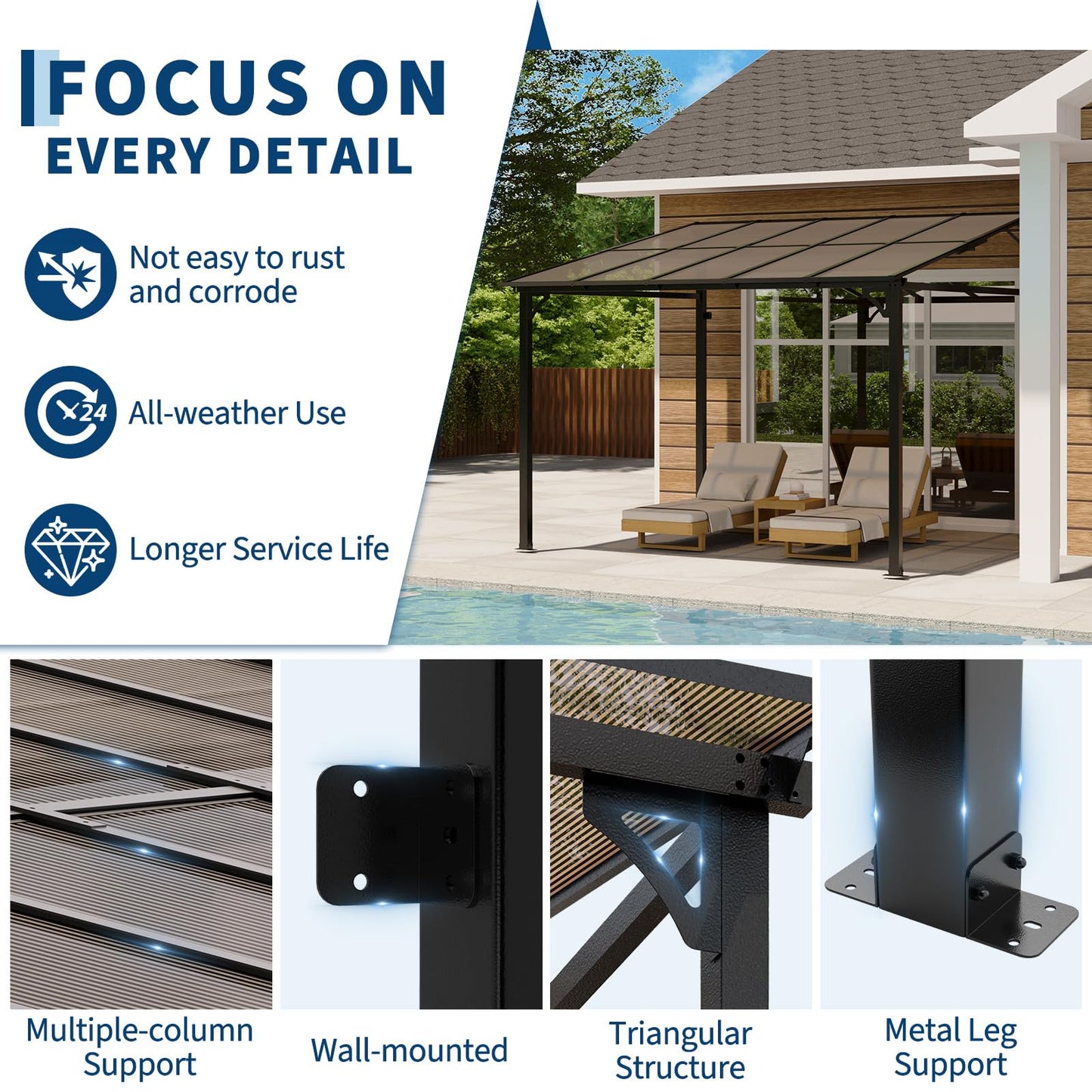 10 x 10 ft Sloped Patio Awning Gazebo, 4-Post Hardtop Pavilion with PC Polycarbonate Roof, Waterproof UV Resistant Outdoor Shade Shelter for Patio, Backyard, Garden and Lawn Activities