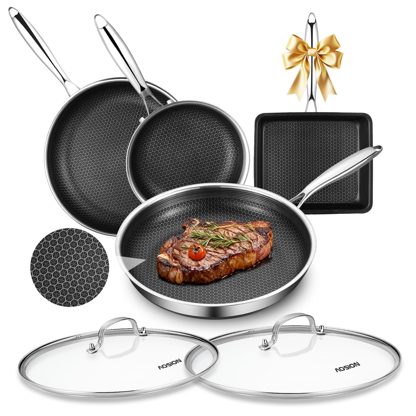 AOSION Nonstick Frying Pans Set,Hybrid Skillets Set with Lid(8+10+9+12inch), Hybrid Stainless Steel Frying Pans Set of 3 for Cooking,PFAS/PFOA Free Cookware Sets,Induction Compatible.