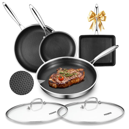 AOSION Nonstick Frying Pans Set,Hybrid Skillets Set with Lid(8+10+9+12inch), Hybrid Stainless Steel Frying Pans Set of 3 for Cooking,PFAS/PFOA Free Cookware Sets,Induction Compatible.