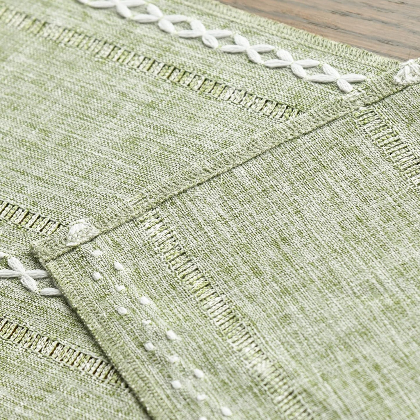 13x72 Inch Artoid Mode Sage Green Rustic Cotton Linen Table Runner, Seasonal Embroidered Hollow Kitchen Dining Table