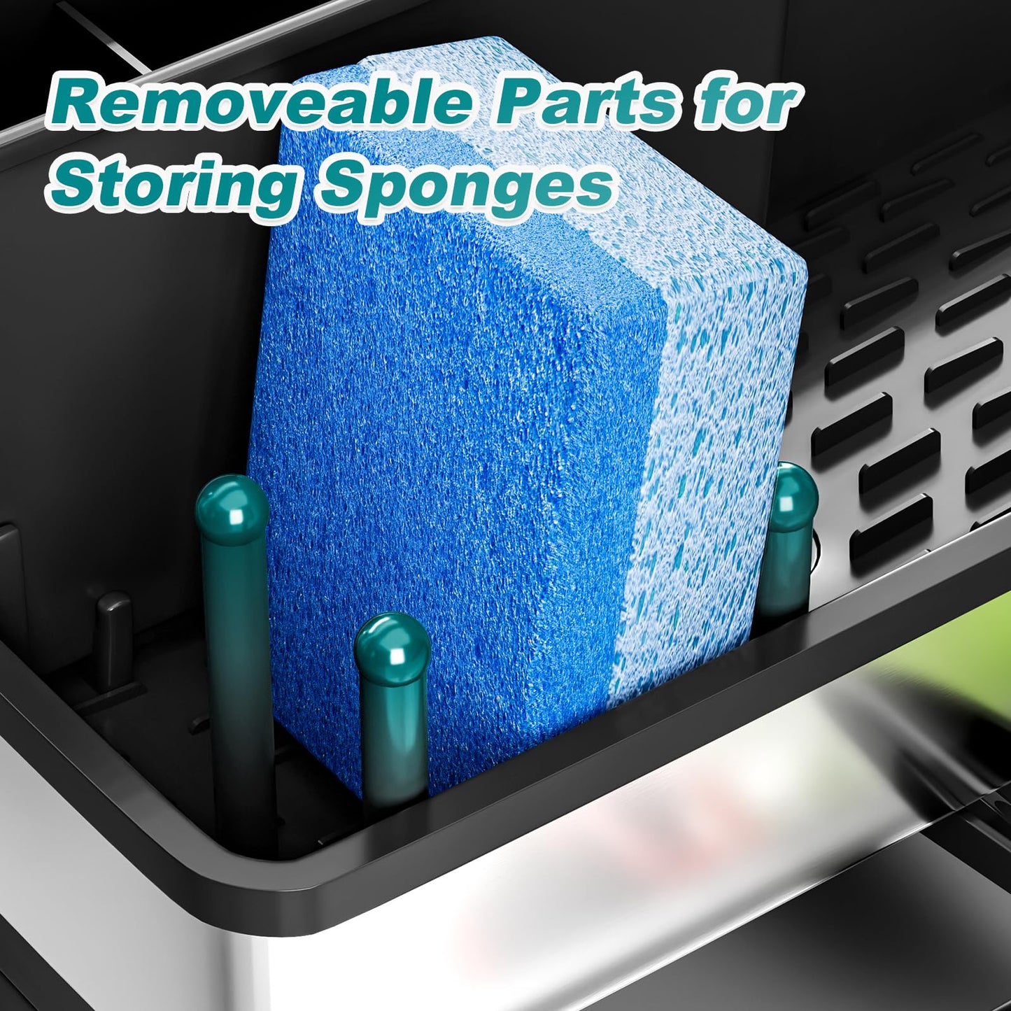 Ewaiira Stainless Steel Sink Caddy, Sponge Holder for Kitchen Sink with Brush Holder Dishcloth Rack, Rustproof sink Organizer Countertop, Soap Dispenser Kitchen Organizers Storage Essentials,9.8″Black
