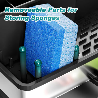 Ewaiira Stainless Steel Sink Caddy, Sponge Holder for Kitchen Sink with Brush Holder Dishcloth Rack, Rustproof sink Organizer Countertop, Soap Dispenser Kitchen Organizers Storage Essentials,9.8″Black