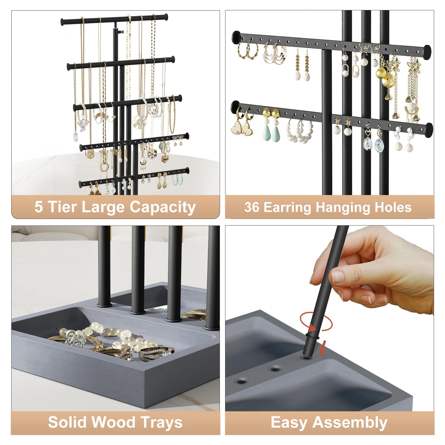 Love-KANKEI Jewelry Organizer Stand, 5 Tier Large Necklace Holder with Wood Base, Jewelry holder stand Tree for Display, Bracelets Earrings Rings, Height Adjustable Gift Weathered Grey