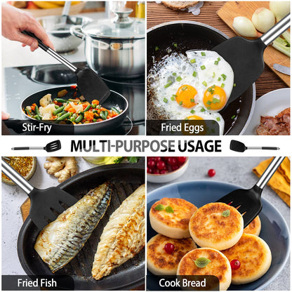 Pack of 4 Large Silicone Cooking Spatulas and Spoons, Slotted and Solid Stainless Steel Cooking Utensils Set, Non-stick Heat Resistant Kitchen for Baking, Fried, Stir-Fry, Mixing, Serving (Black)