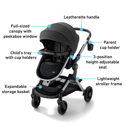 Graco® Modes Nest DLX Travel System, 3-in1 Modular Baby Carseat Stroller Combo, Adjustable Slide2Me Infant Car Seat Carrier, Pramette, to Toddler Stroller, Includes SnugRide DLX Infant Car Seat, Raven