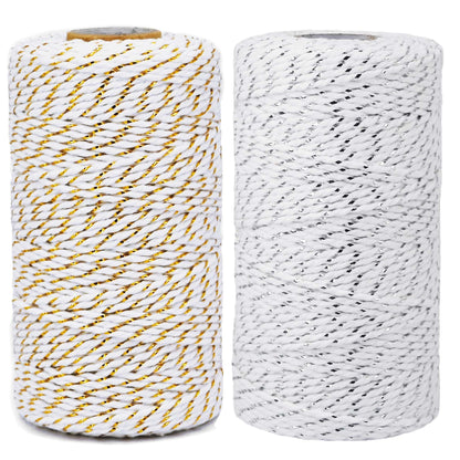 Cotton Twine,2 Rolls,656 Feet in Total,Gold&White and Silver&White,for Gift Wrapping DIY Crafts Wedding Decor