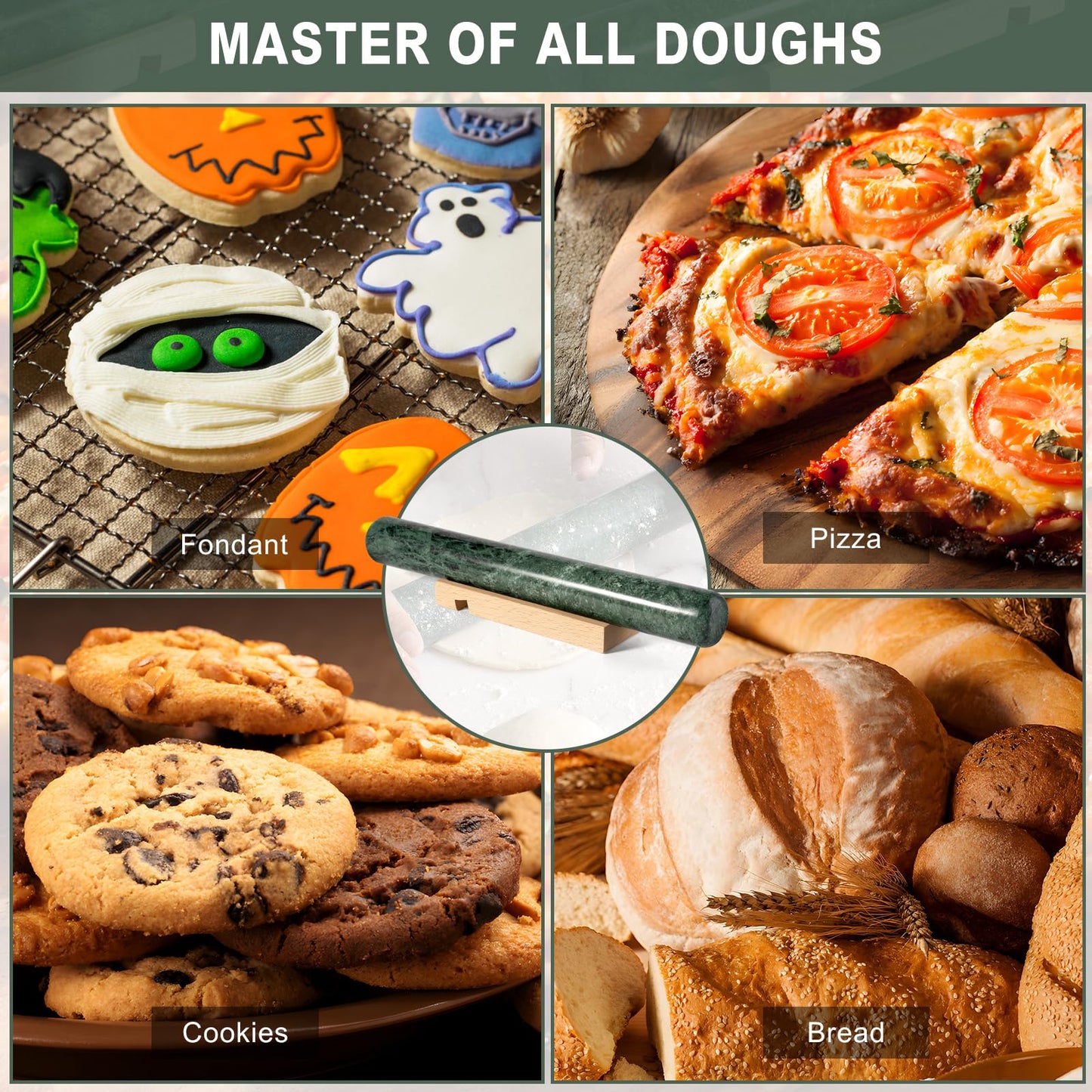 Erongoo Marble French Rolling Pin for Baking, 12 Inch Non Stick Polished Rolling Pin for Dough, Heavy Dough Roller for Fondant Pizza Pie Crust Cookie Pastry Bread, Kitchen Baking (Indian Green)