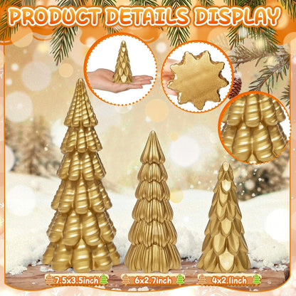 Warmtree Gold Christmas Tree Figurines Set - 3 Pcs Small Resin Tabletop Decor for Indoor Holiday Home Styling