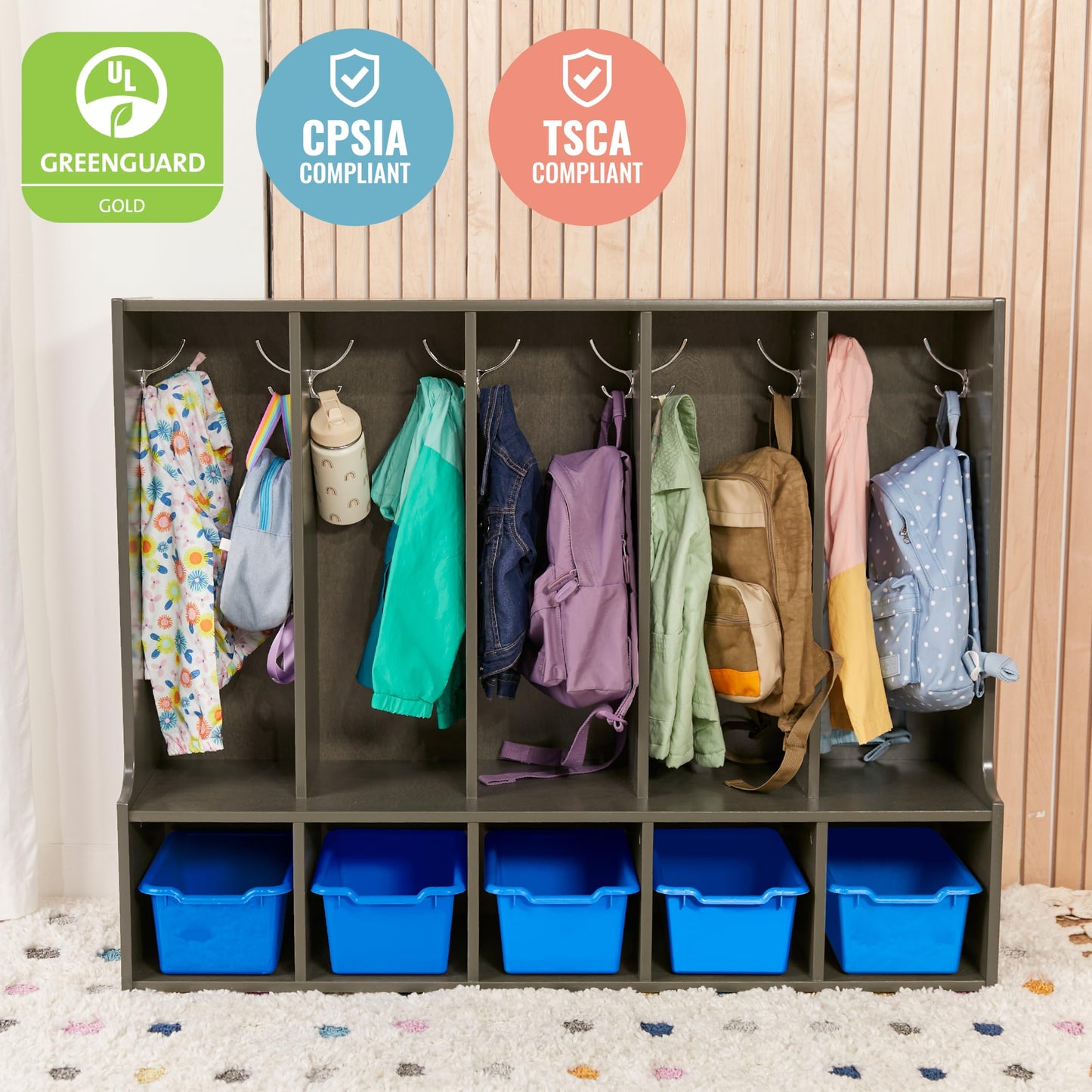 ECR4Kids Streamline 5-Section Coat Locker with Bench and Scoop Front Storage Bins, Toddler Size, Grey Wash, Classroom Furniture, Blue