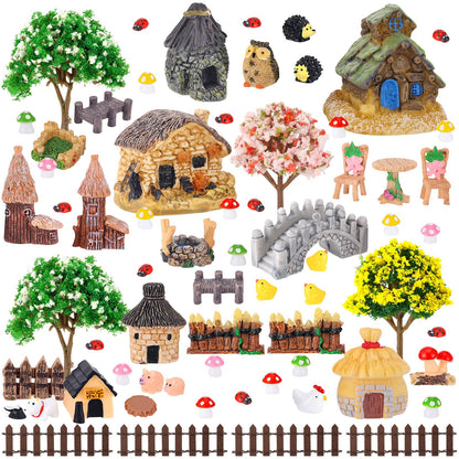 HIYZI 60 PCS Mini Fairy Garden Accessories Kit Enchanted Miniature House Decor Set with Tiny Figurines, DIY Micro Landscape Ornaments for Terrarium, Dollhouse Succulent Craft