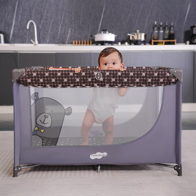 Pamo Babe Compact Pack and Play - Portable Crib for Baby, Lightweight Foldable Travel Playard with Mattress Pad & Carry Bag, Safe Breathable Travel Bed for Home, Trips & Family Visits, Cute Pattern