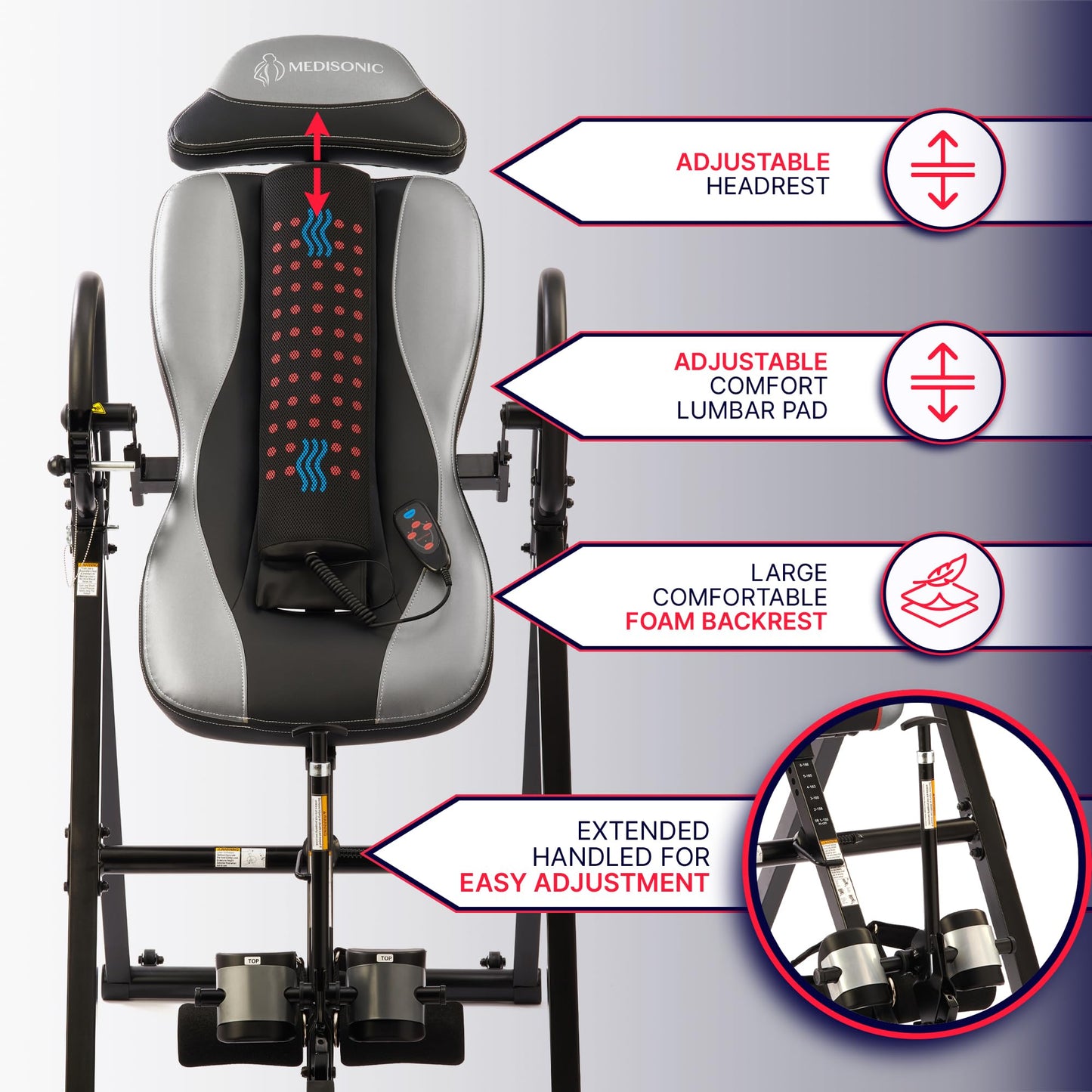 MediSonic Elite Inversion Table with Adjustable & Removable Lumbar Pad, Comfortable Ankle Security Cups, Multiple Inversion Angles, Heavy-Duty Frame, 300 lb Capacity, Gray