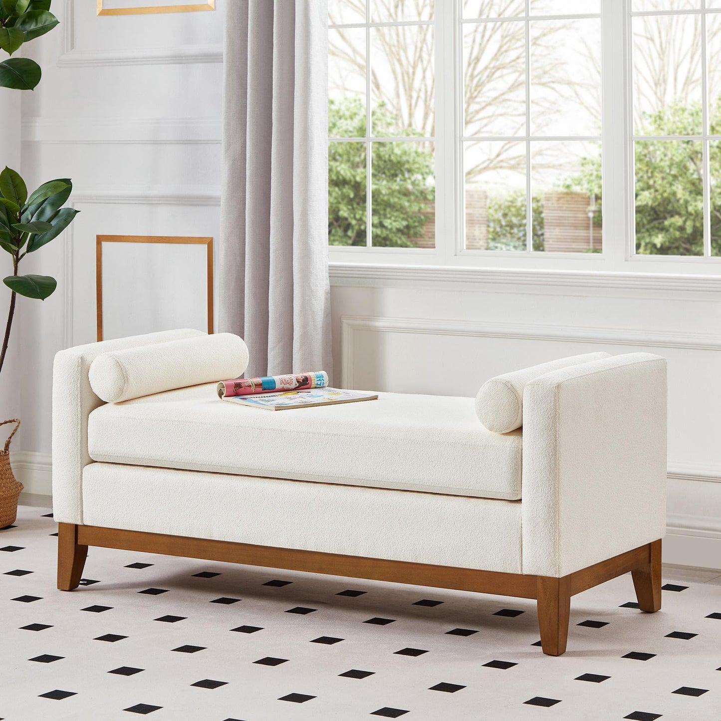GDFStudio Large Upholstered Boucle Ottoman Bench with Pillows, Padded Window Bench with Armrests for Living Room and Entryway, Ivory