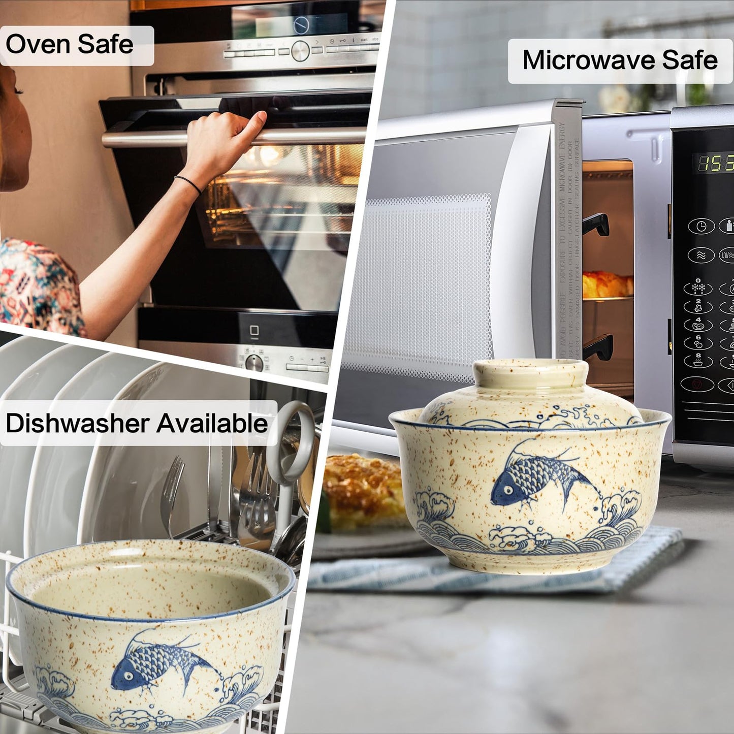Niturceal Ceramic Ramen Bowl Set of 2, Ramen Noodle Bowl with Lid 27oz Japanese Retro Style Soup, Pho, Udon Bowls, Matching Spoons and Chopsticks for Microwave & Dishwasher Safe, Fish
