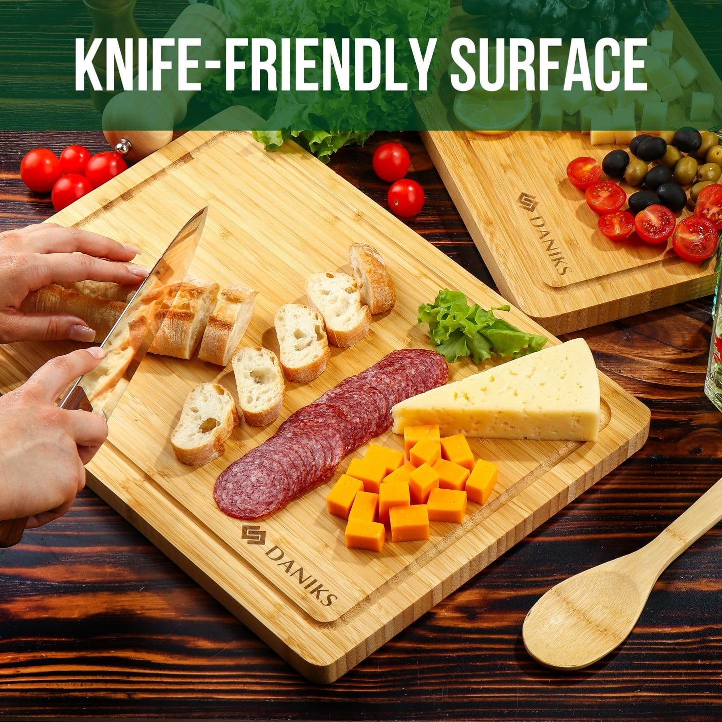 Daniks Bamboo Cutting Board Set of 2 with Juice Groove, XL 16x12 & L 13x9 in – Cutting Boards for Kitchen, Meal Prep, Serving & Charcuterie, Heavy‑Duty