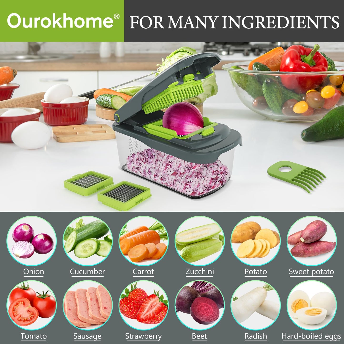 Ourokhome Vegetable Chopper Cutter with Container, Manual Hand Food Veggie Dicer with 2 Chopping Blades for Potato Strips, Onion Cubers, Carrot Sticks, Essential Kitchen Gadgets (2 in 1, Gray)