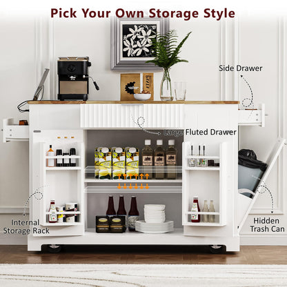 Ball & Cast Fluted Kitchen Island with Trash Can Storage Cabinet,Power Outlet,Internal Storage Rack,Rolling Kitchen Islands On 5 Wheels W/ 3 Drawer & 3 Open Side Racks for 10 Gallon Garbage Bin,White