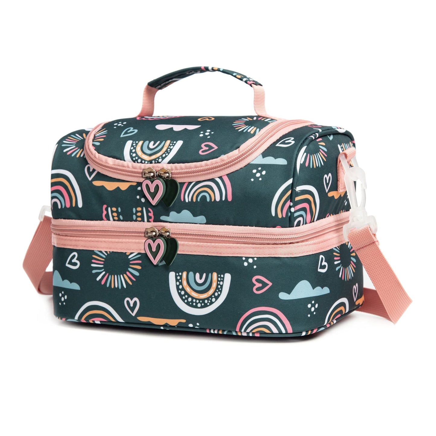 Life on track Insulated Kids Dual Compartment Lunch Bags Tote Pack for Girls Boys Toddler Kindergarten School Picnic Cooler Thermal Lunch Boxes with Strap (Green Rainbow)