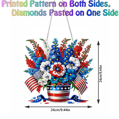 LPDJITO 5D Patriotic Diamond Art Hanging Kits for Adults, Flowers Diamond Painting Flowers Pendant Kits, Special Shape USA Flag Gem Art Suncatcher Ornament for Home Window Wall Decor