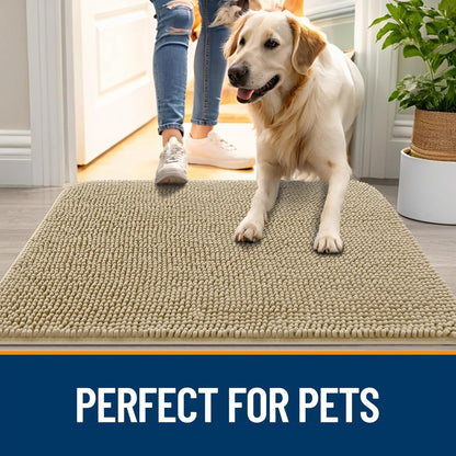 OLANLY Dog Door Mat - Absorbent Non-Slip Chenille Mat for Muddy Paws | 59x35 Inches, Beige