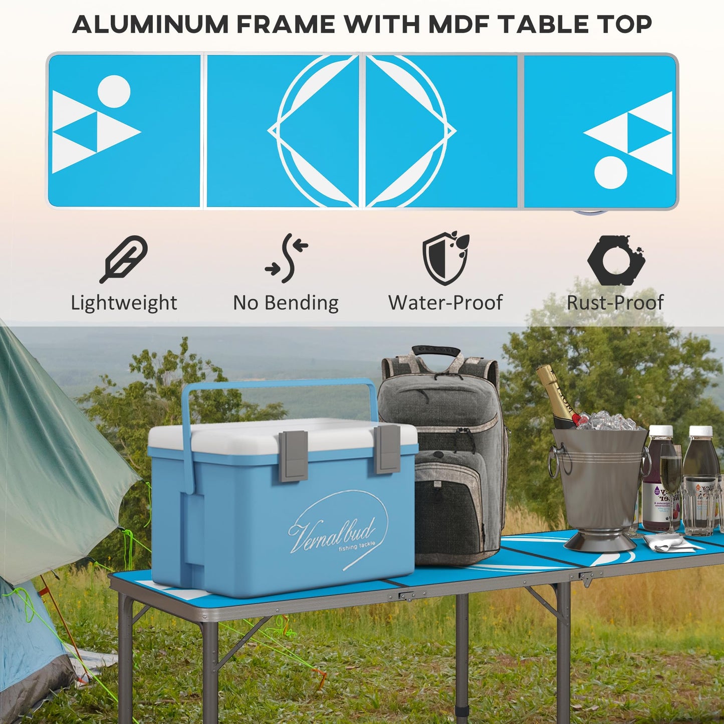 8ft Portable Beer Pong Table with Adjustable Legs, Folding Camping Table, Aluminum Picnic Table, for Party, Travel, BBQ, Beach, Blue and White