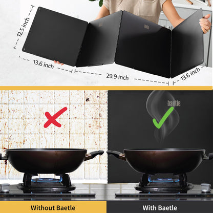 Foldable, Nonstick, Grease Splatter Guard for Stove Top by Baetle– Heavy-Duty Stainless Steel Oil Splash Shield, Premium Black Style, 29.5" Wide Back Panel, 13.6" Deep–with Spoon Rest