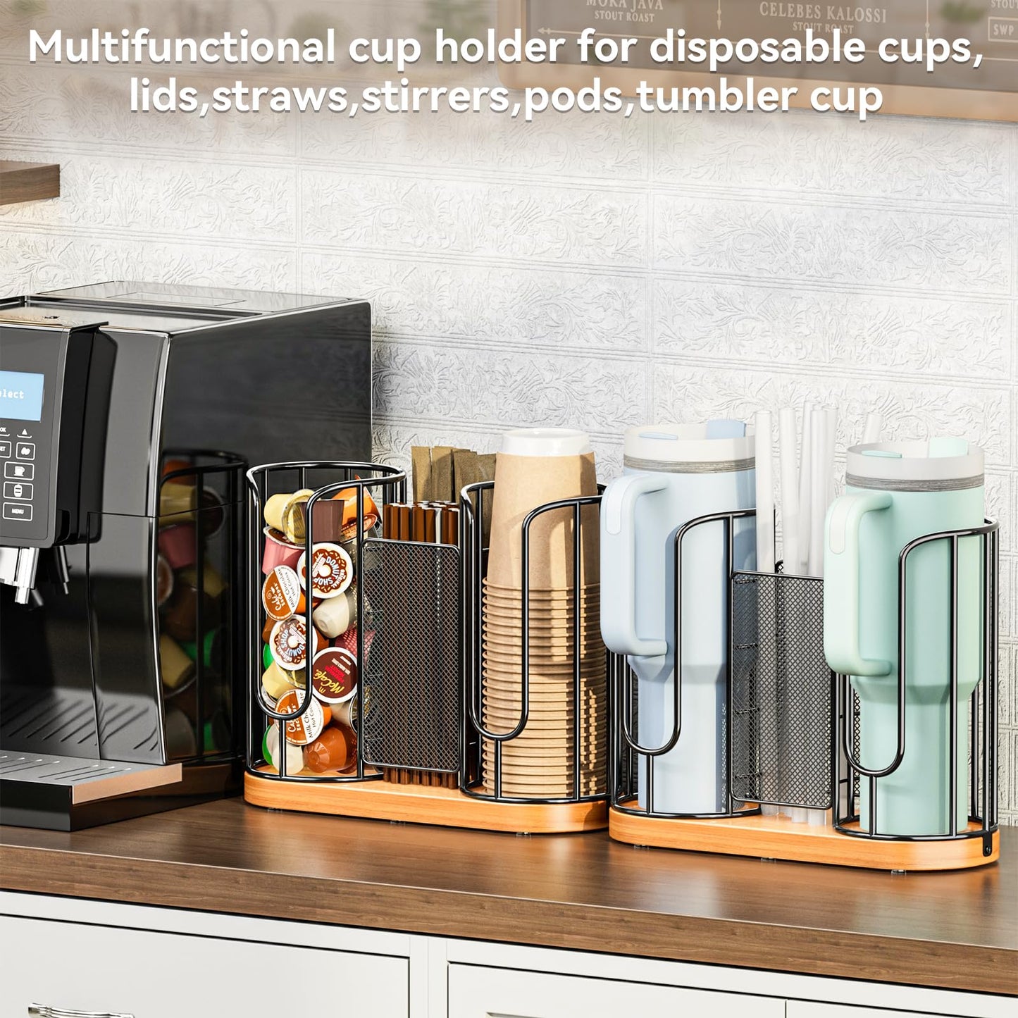 Coffee Cup and Lids Holder - Disposable Cups Straws Organizer with Wooden Base - Paper Plastic Cup Holder Dispenser Storage for Countertop Coffee Station Bar Restaurant Office Breakroom Shop Kitchen