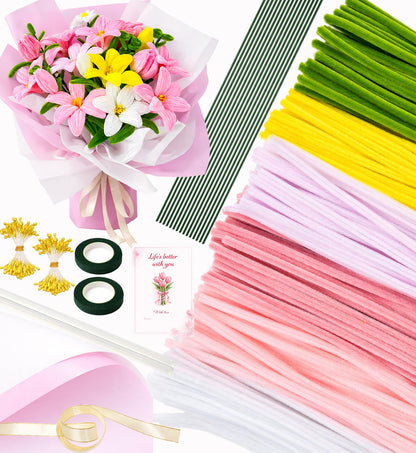 Pipe Cleaner Flower Kit Pink, 600PCS Pipe Cleaners Bulk for Flowers, Pipe Cleaners Craft Set, Chenille Stems Flower Making Kit with Floral Wires, Tape, Glue Sticks, Stamen, Wrapping Paper, Ribbon Card