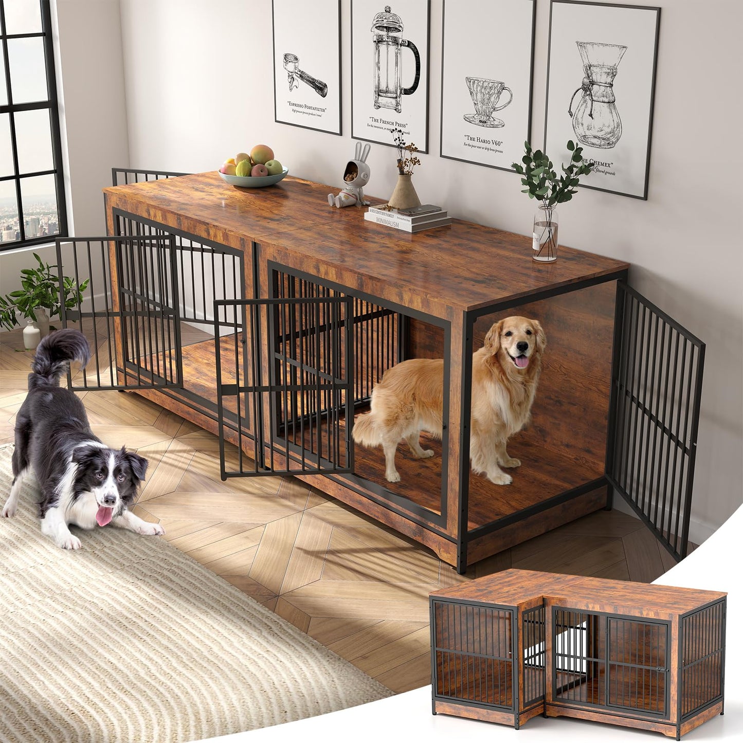 Rovibek Double Dog Crate Furniture, 86 Inch, 2 Dog Crate with Removable Divider & Trays, Furniture Style Dog Cage for 2 Dogs Indoor with Three Doors, Rustic Brown