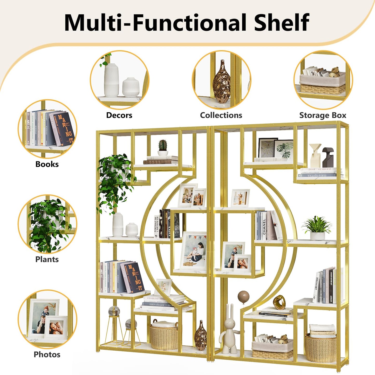 HolliWill Modern Book Shelf, White and Gold Bookshelf, 70.8 Inch Tall Etagere Bookcase, Set of 2 Geometric Display Shelves for Living Room, Bookcases/Bookshelf with Metal Frame for Home Office