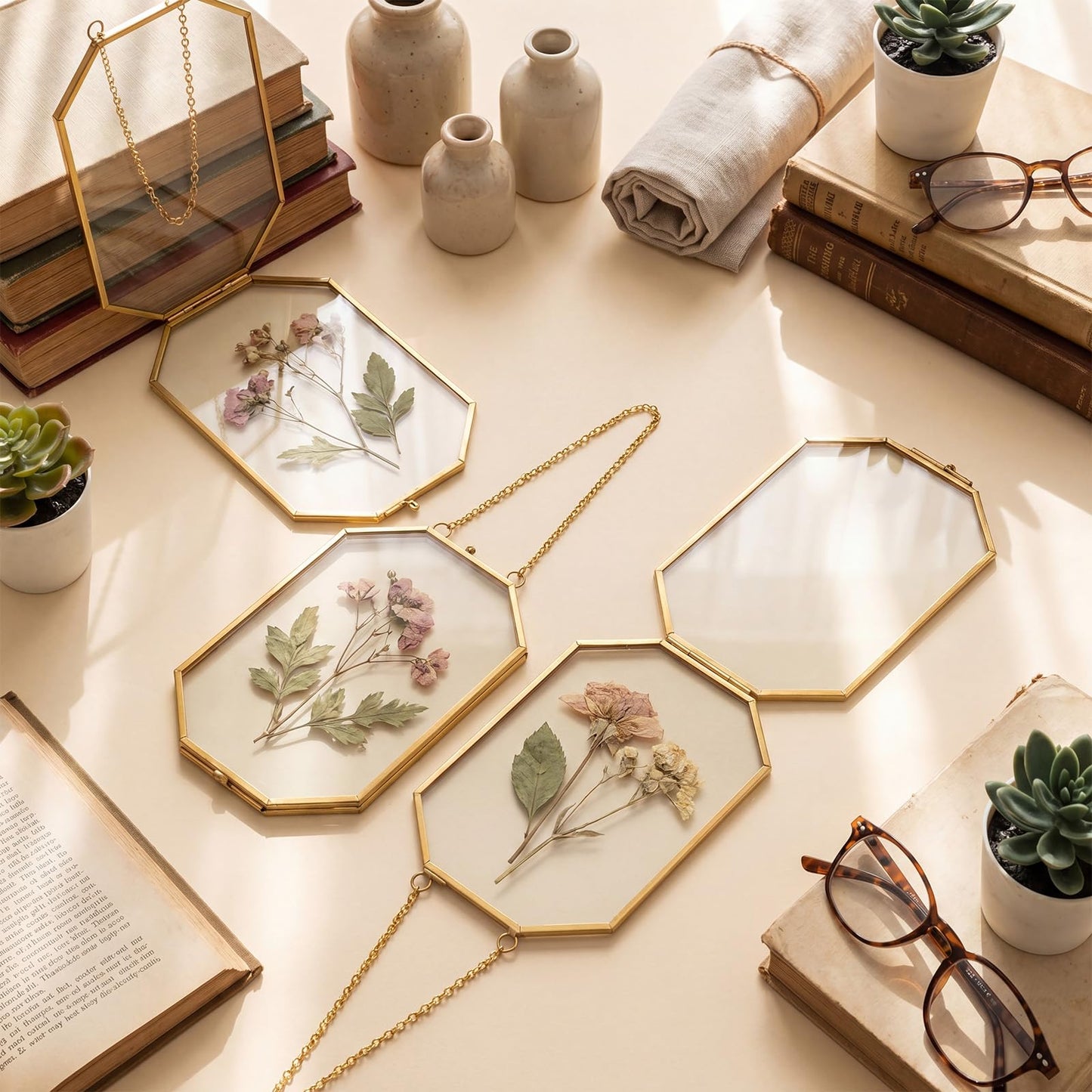 Vicenpal 6 Pcs 4 x 6 Inch Pressed Flower Frames Bulk, Floating Wall Hanging Double Glass Picture Frames with Metal Chain for Display Gallery Dried Plant Wedding Gifts for Mom Friends DIY Handy Craft