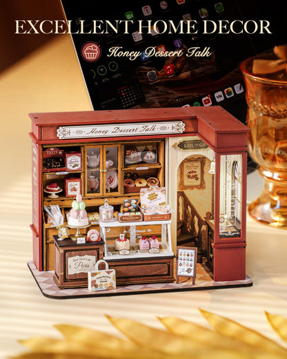 ROBOTIME DIY Miniature House Kit, Mini Wooden Dollhouse Kit for Adults, Building Kit with LED Light, Diorama Model,Halloween/Christmas/Birthday Gifts for Family/Friends (Honey Dessert Talk)