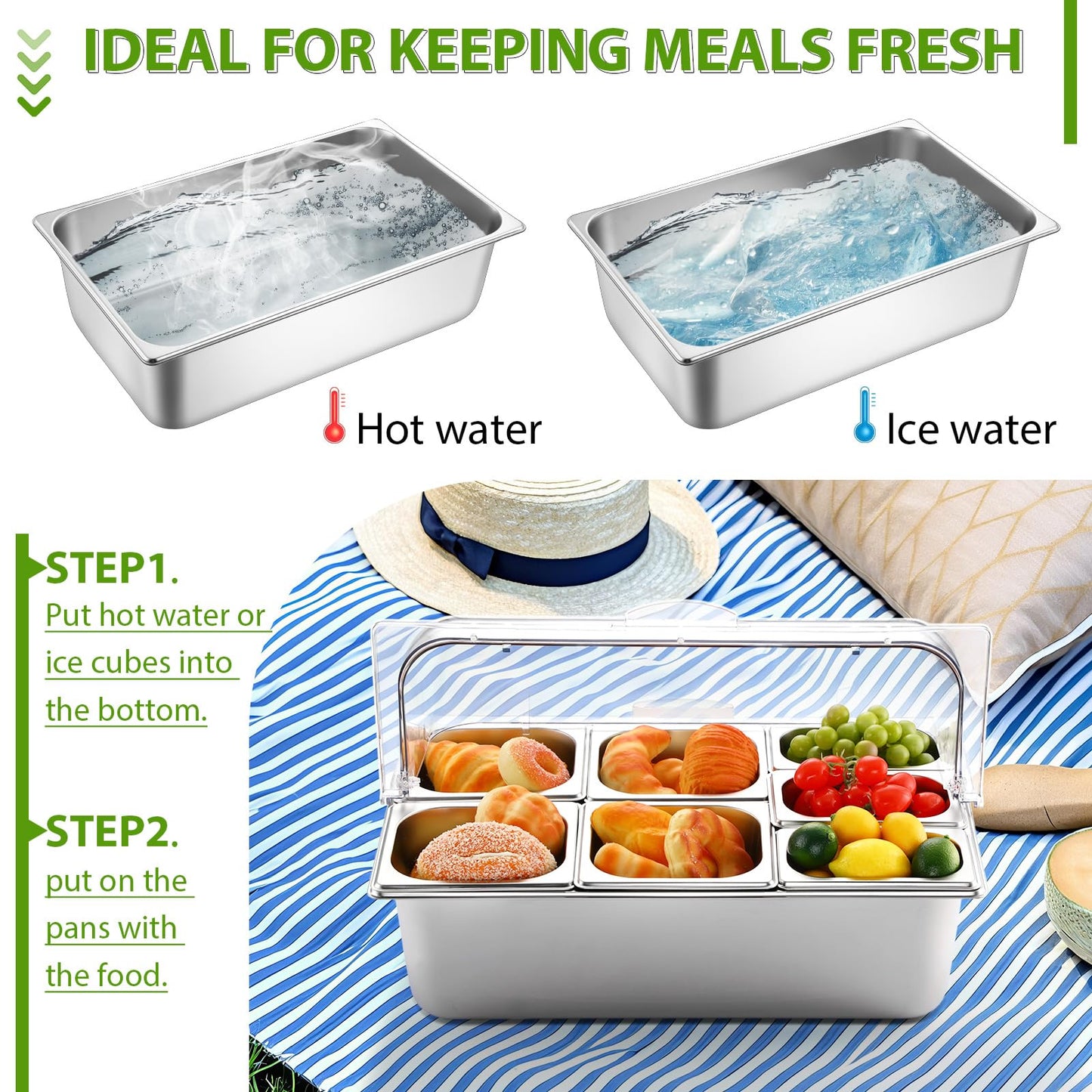 Ziliny Countertop Food Serving Display Container and Clear Roll Top Cover Stainless Steel Food Serving Tray Buffet Condiment Dispenser Display Rack for Restaurant Hotel Kitchen Party (7 Pan)