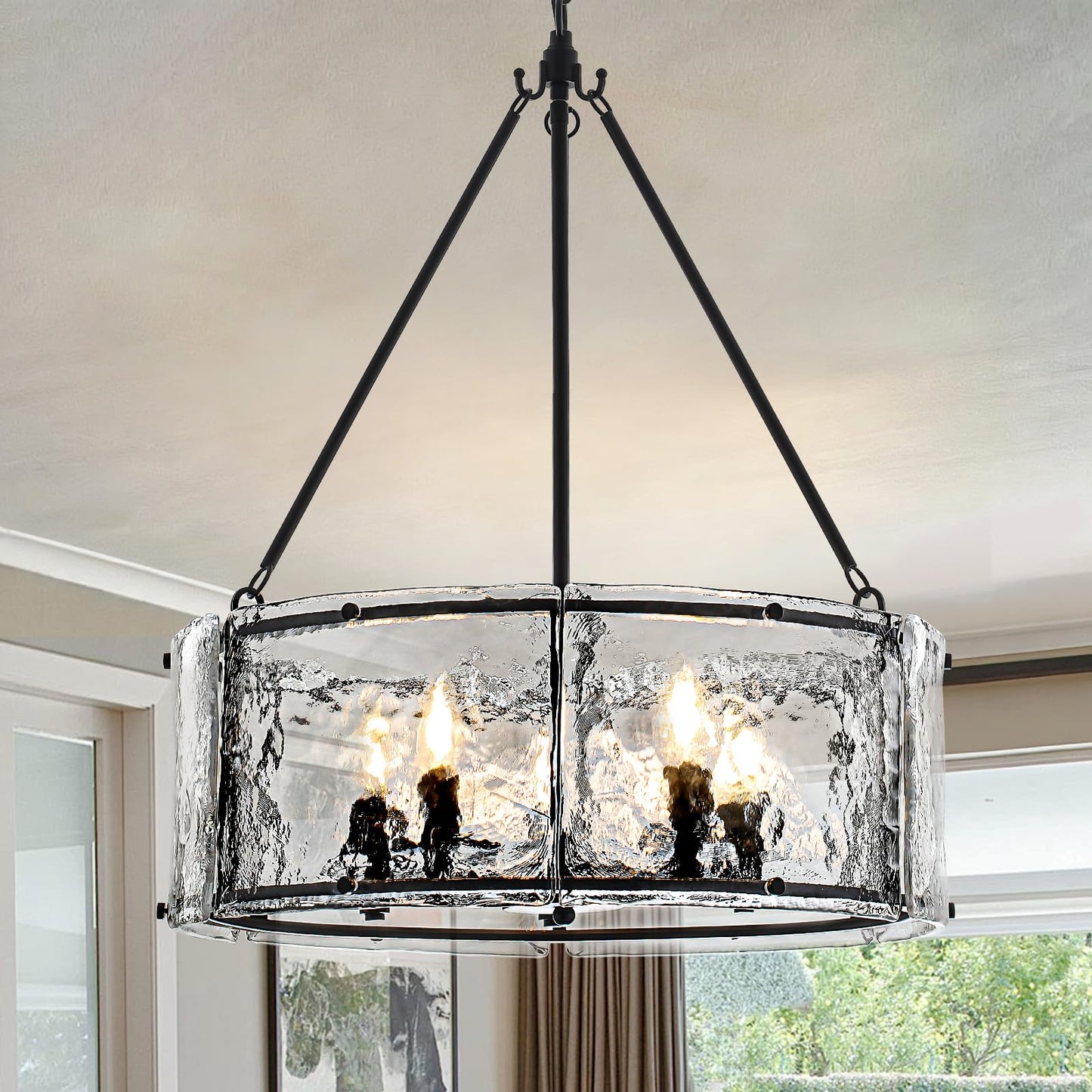 Enjoy the lights 5-Light Dining Room Light Fixture, Black Modern Drum Chandelier with Textured Glass Shade, Adjustable Farmhouse Chandelier for Foyer, Entryway, Kitchen Island, Living Room