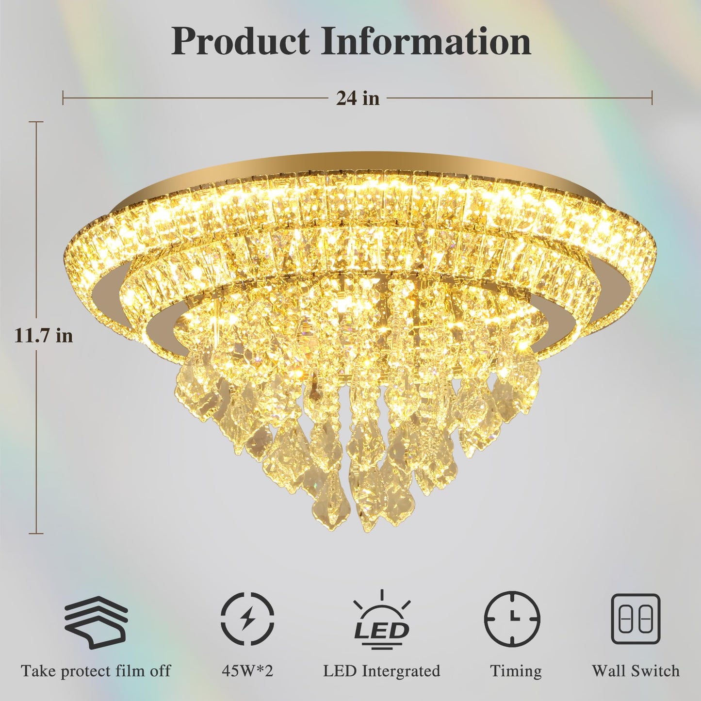 Kuailkag Crystal LED Ceiling Light 24" Modern Flush Mount Chandelier,K9 Crystal Raindrop,Elegant Lighting Fixture with Remote/APP,3CCT,Dimmable Living Room Chandeliers Lights-Golden