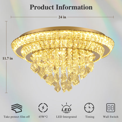 Kuailkag Crystal LED Ceiling Light 24" Modern Flush Mount Chandelier,K9 Crystal Raindrop,Elegant Lighting Fixture with Remote/APP,3CCT,Dimmable Living Room Chandeliers Lights-Golden